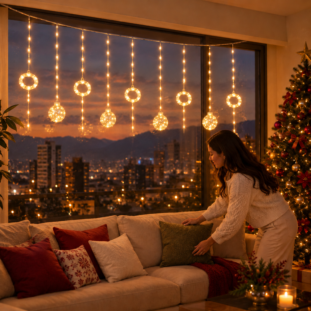 Cortina de Luces Navideñas Bolas y Aros 3 m
