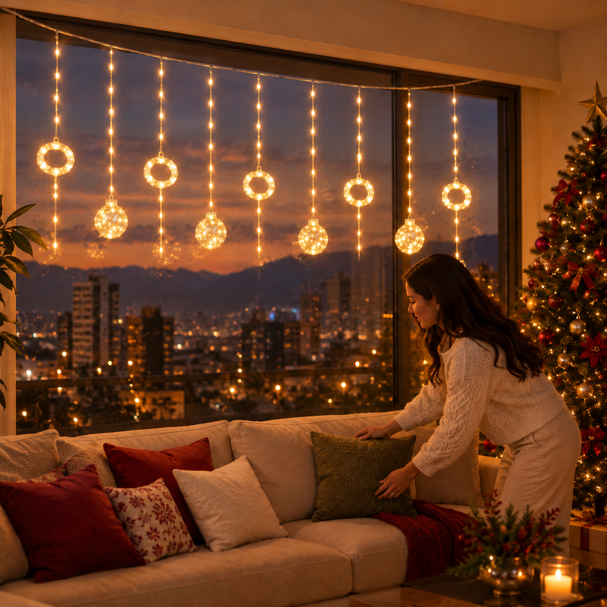 Cortina de Luces Navideñas Bolas y Aros 3 m